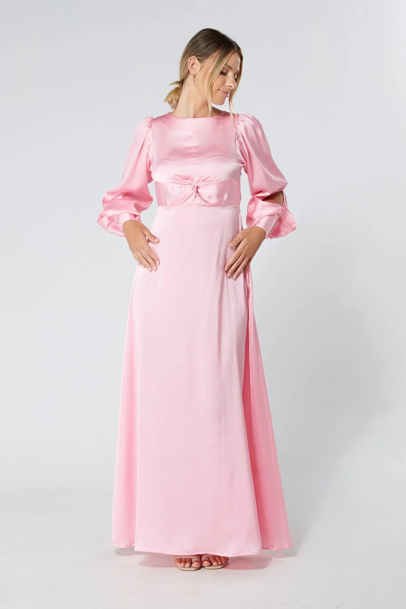 Lila Light Pink Knotted Front Soft Crepe Maxi Dress