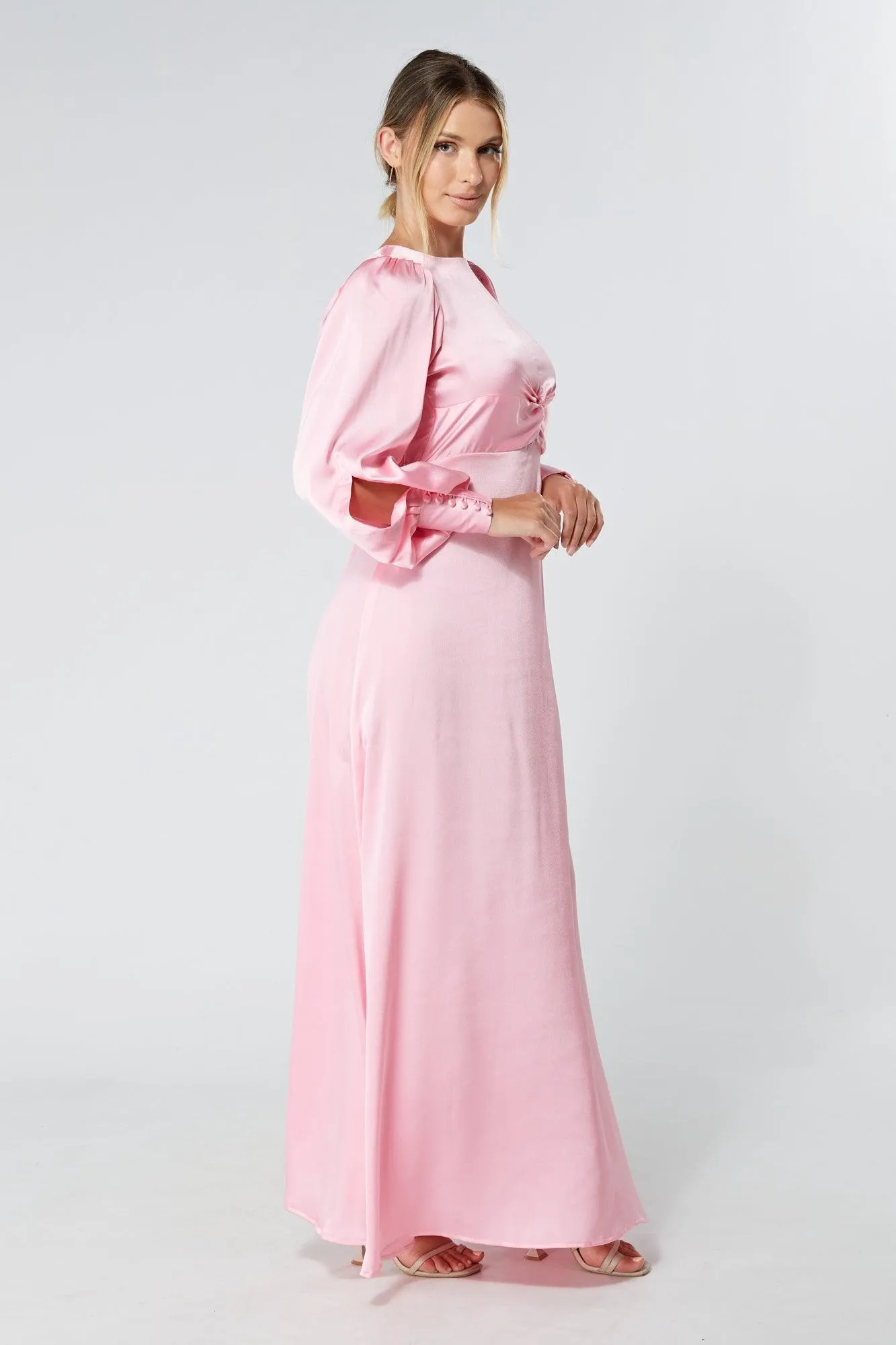 Lila Light Pink Knotted Front Soft Crepe Maxi Dress