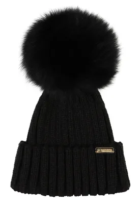 Luxe ribbed pompom beanie in Black