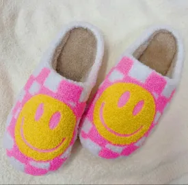 Pink Checkered Smiley Face Slippers