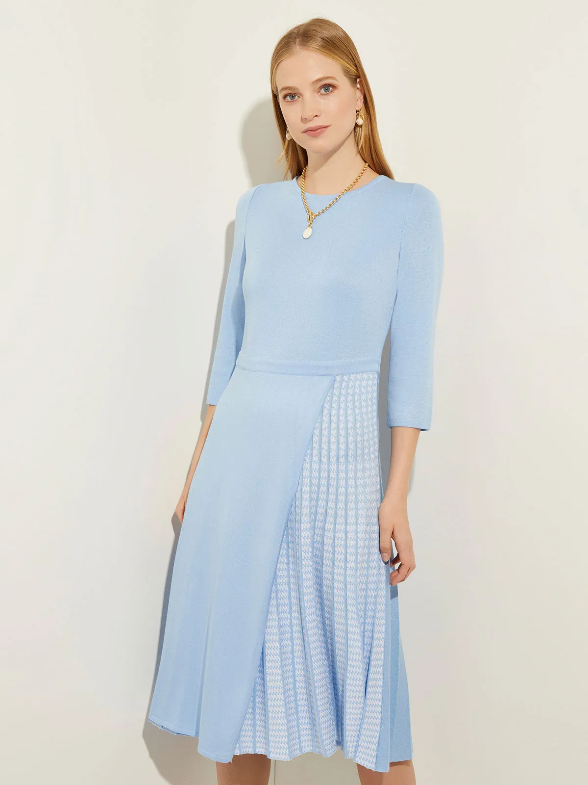 Pleated Contrast Panel Soft Knit Dress, Cirrus Blue