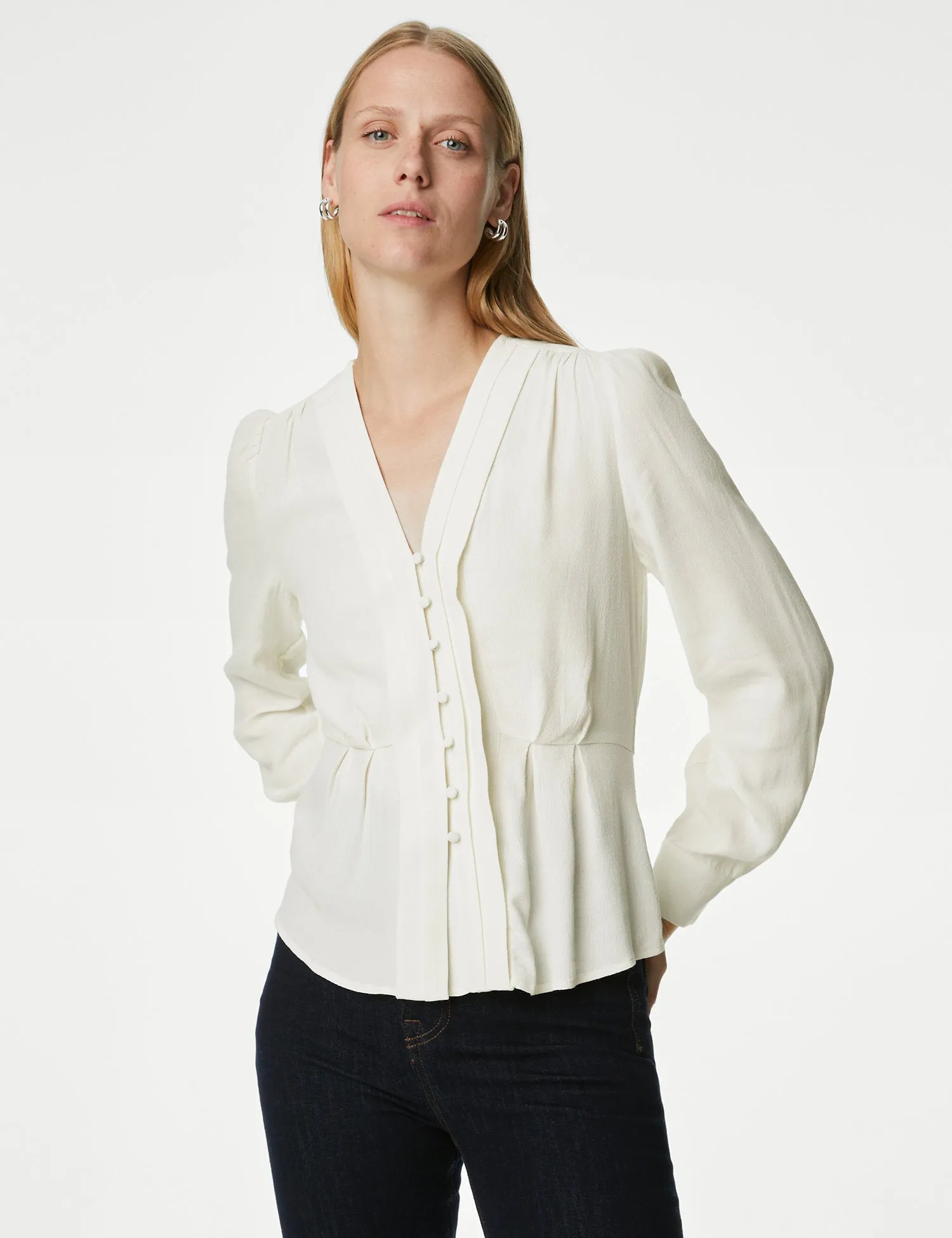 Pleated V-Neck Blouse