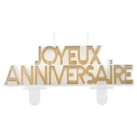 "Joyeux Anniversaire" Birthday Cake Candle, White and Gold, 1 Count