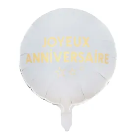 "Joyeux Anniversaire" Birthday Round Foil Balloon, White and Gold, 18 Inches, 1 Count