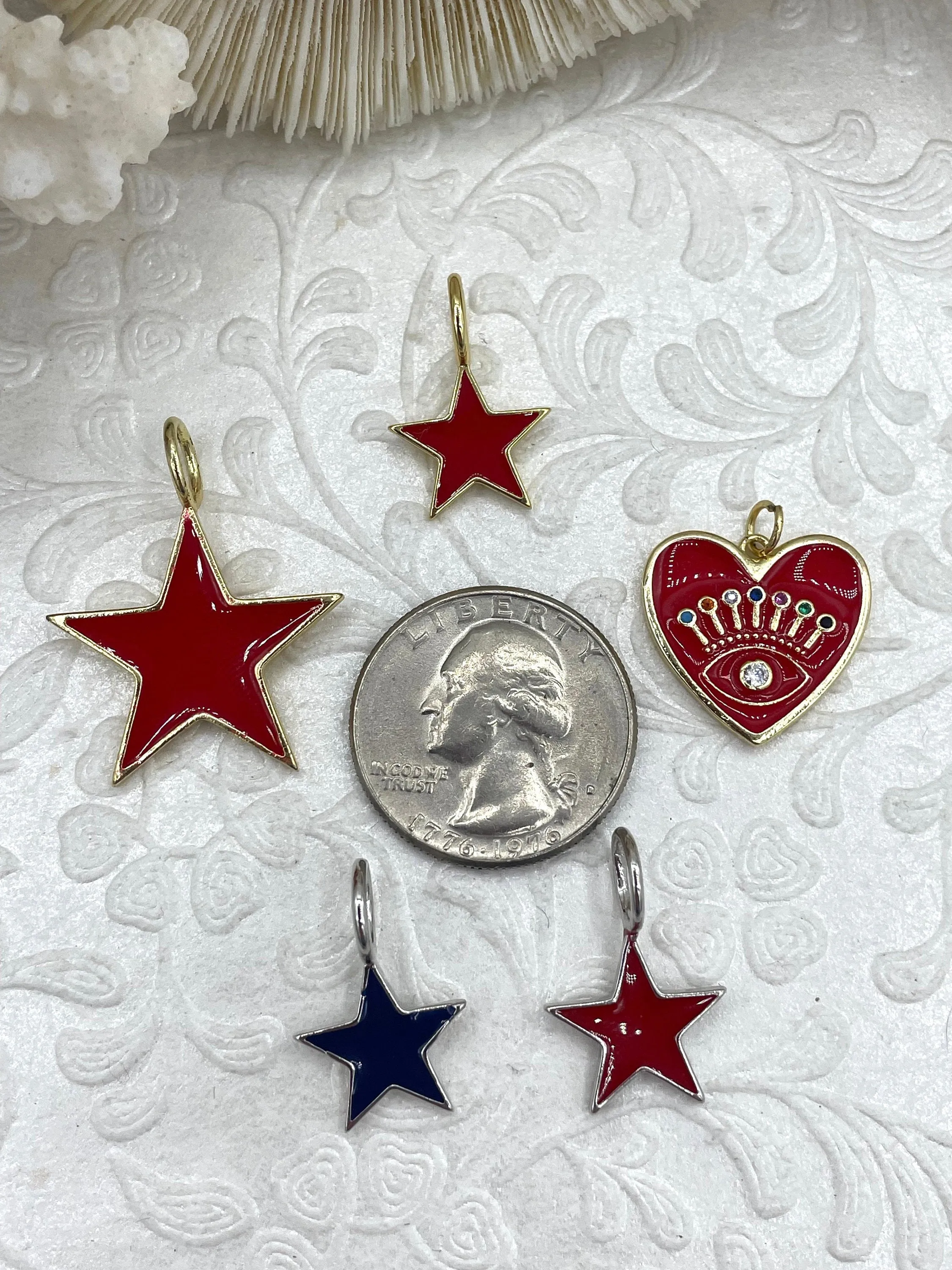 Red or Navy Enamel Star Charms, Silver or Gold Plated Brass, 8 styles, Cubic Zirconia, Brass, and Enamel Charms. Fast Ship