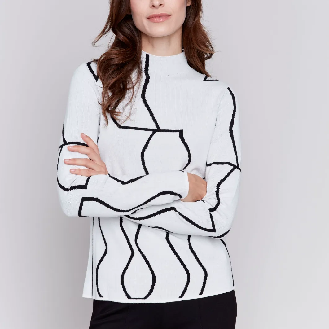 Reversible Jacquard Mock-Neck Fitted Sweater - Black & Cream