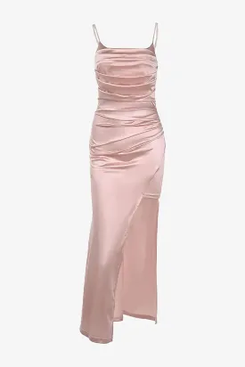 Rose Gold Satin Maxi Slit Dress