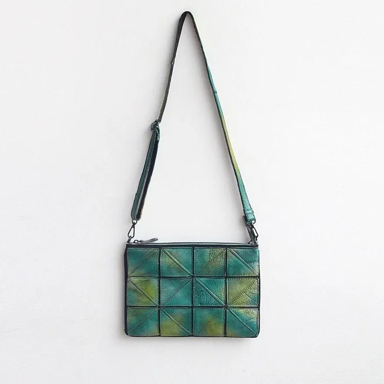 Small Geometric Purse | Cowhide Leather Shoulder Bags | Lattice Shoulder Clutch Bag in Green | Gift for Her