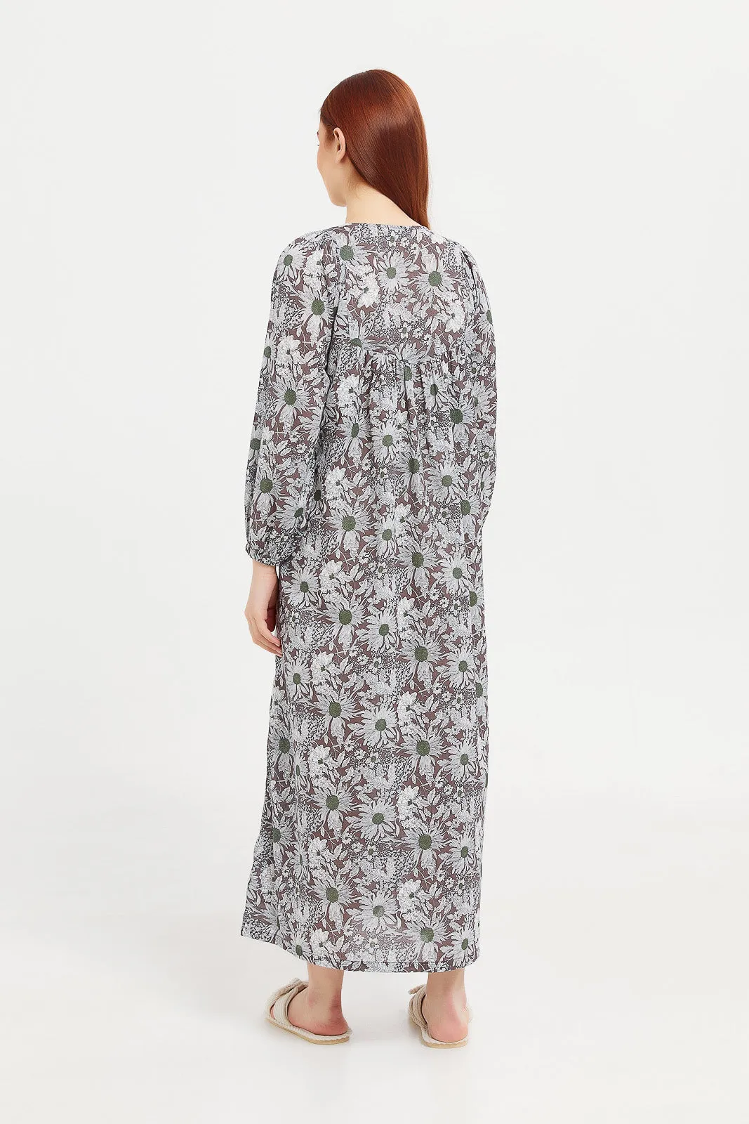 Women Grey Printed Long Sleeves Nightgown