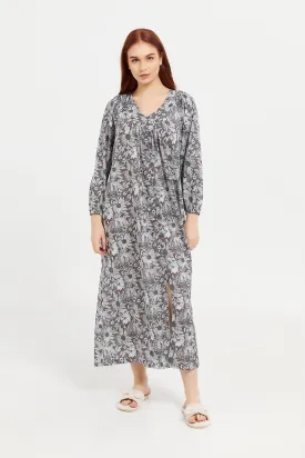 Women Grey Printed Long Sleeves Nightgown