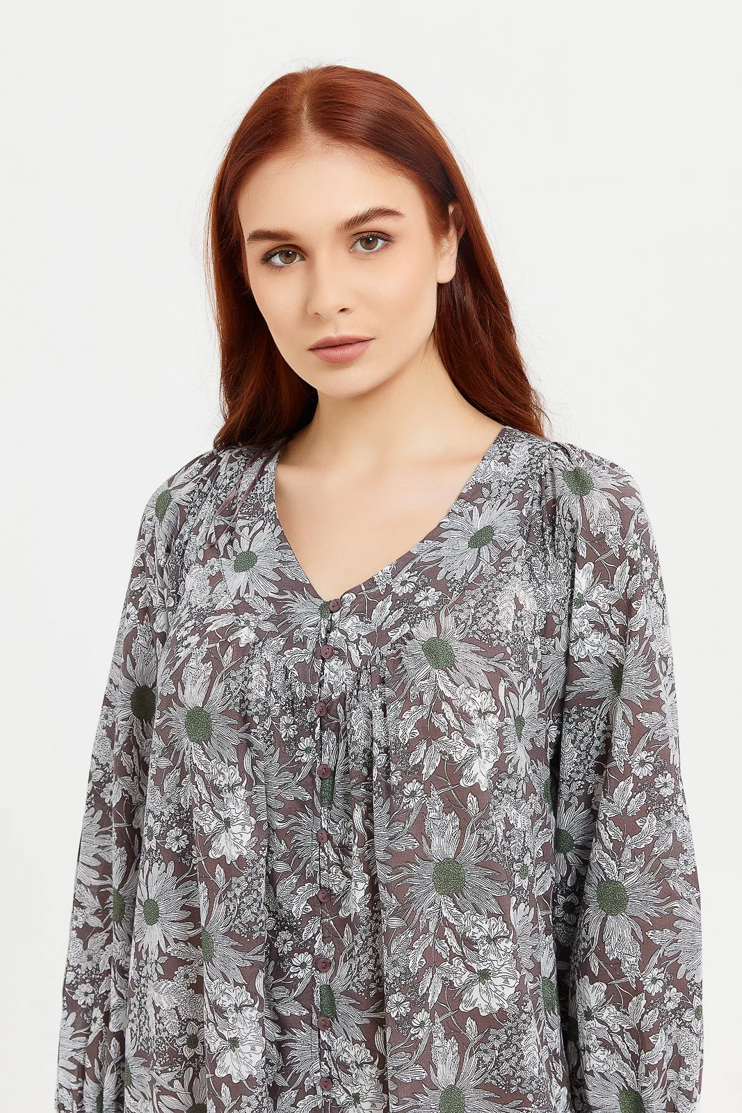 Women Grey Printed Long Sleeves Nightgown