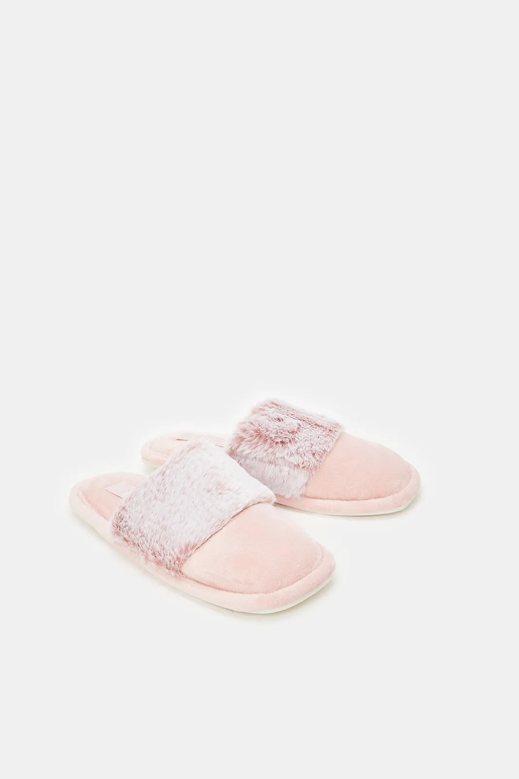 Women Pink Fur Trim Slippers