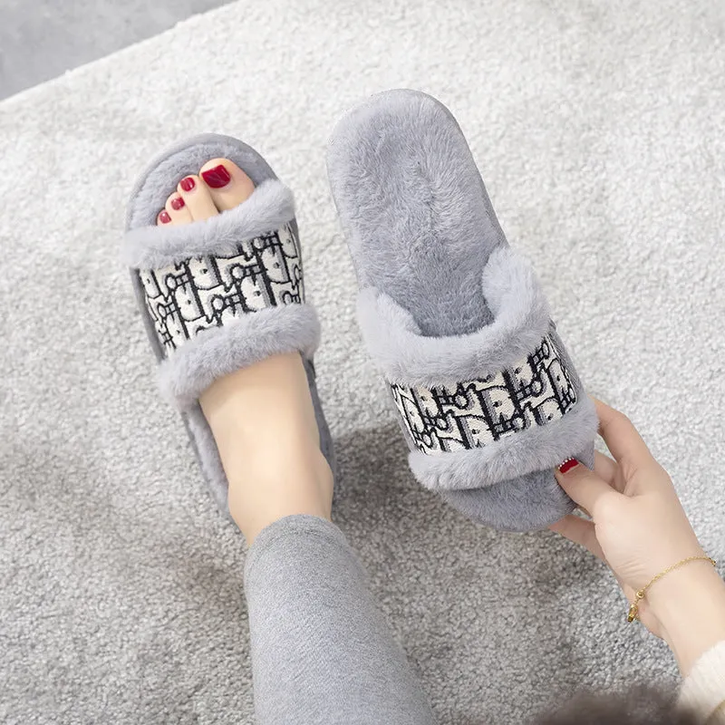 Women's Plush Fur Slippers with Embroidered Pattern