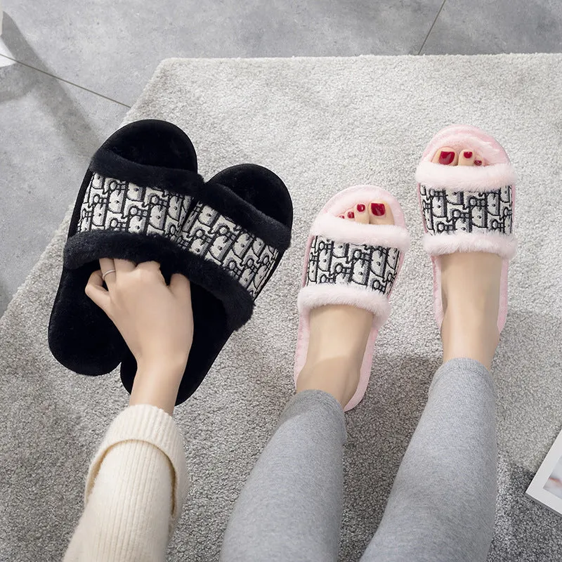 Women's Plush Fur Slippers with Embroidered Pattern