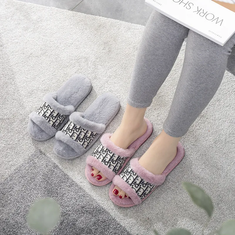 Women's Plush Fur Slippers with Embroidered Pattern