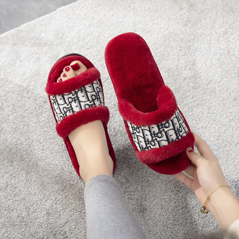 Women's Plush Fur Slippers with Embroidered Pattern