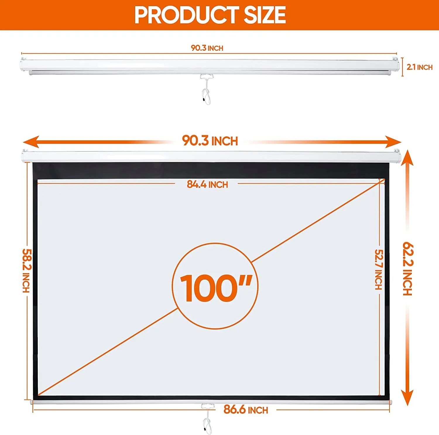 ZENY™ 100'' 16:10 HD Projection Screen Foldable Anti-Crease Portable Projector Movie Screen Manual Pull Down