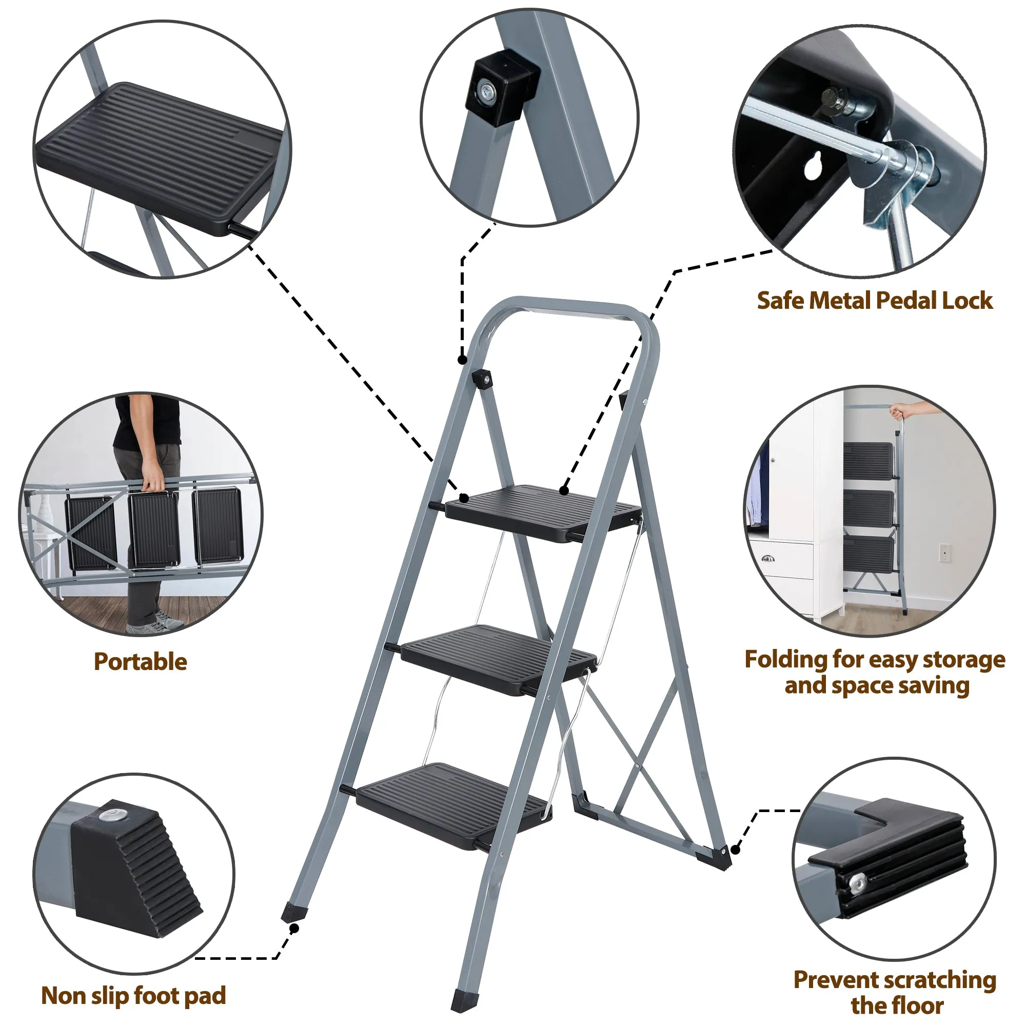 ZENY™ 3 Step Ladder Folding Step Stool 300 lbs Sturdy Steel Ladder for Household and Office